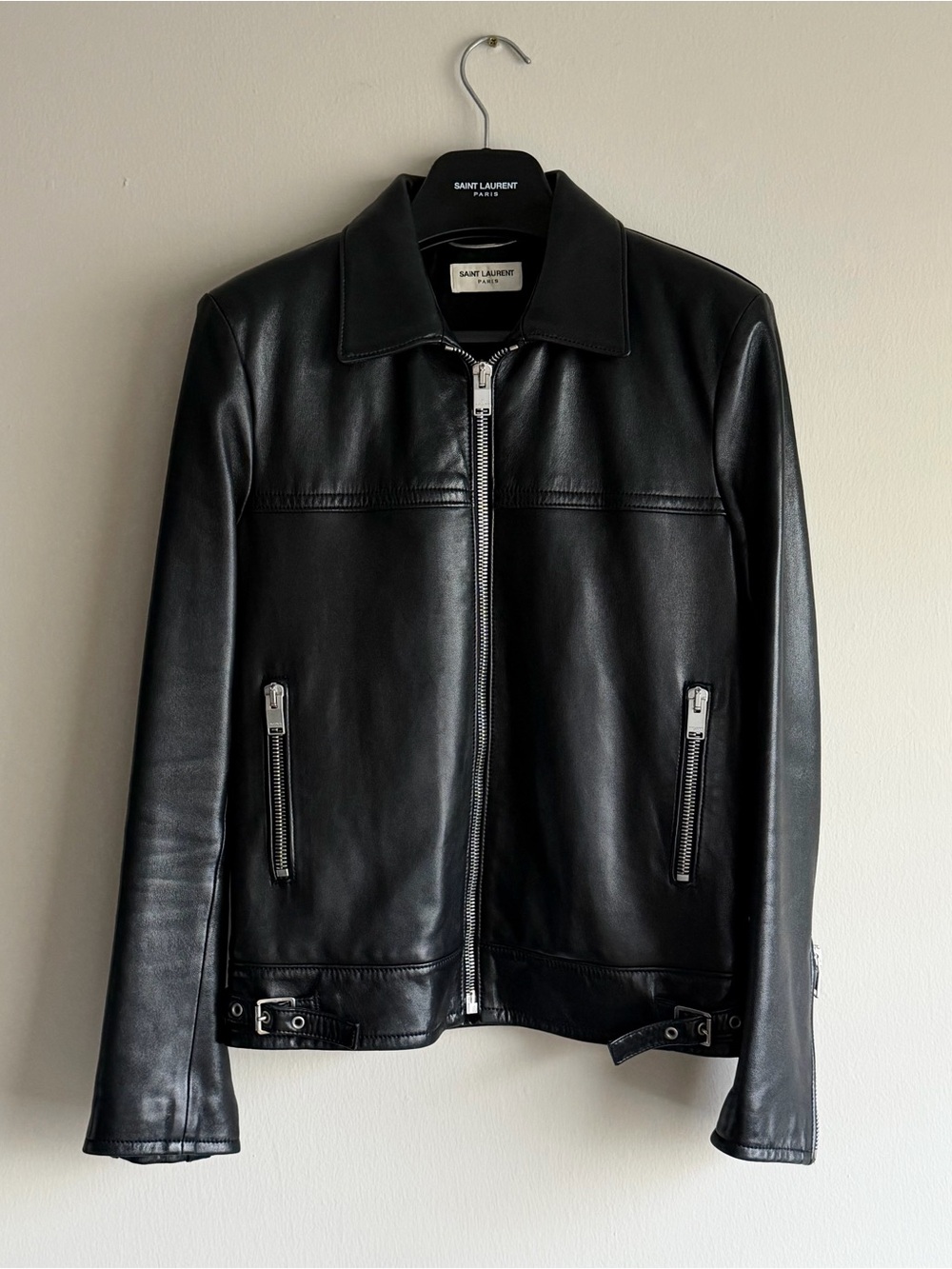 Saint Laurent Black Leather Bomber Jacket with Silver Hardware